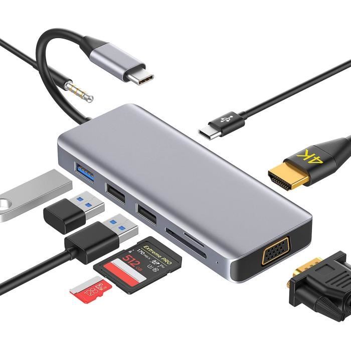 HUB USB C 9 in 1 Dex Station Dual Display vers HDMI 4K,VGA,USB 3.0,USB-C,Audio,Lecteur de Carte SD-TF Type C Adapter OTG Compatibl
