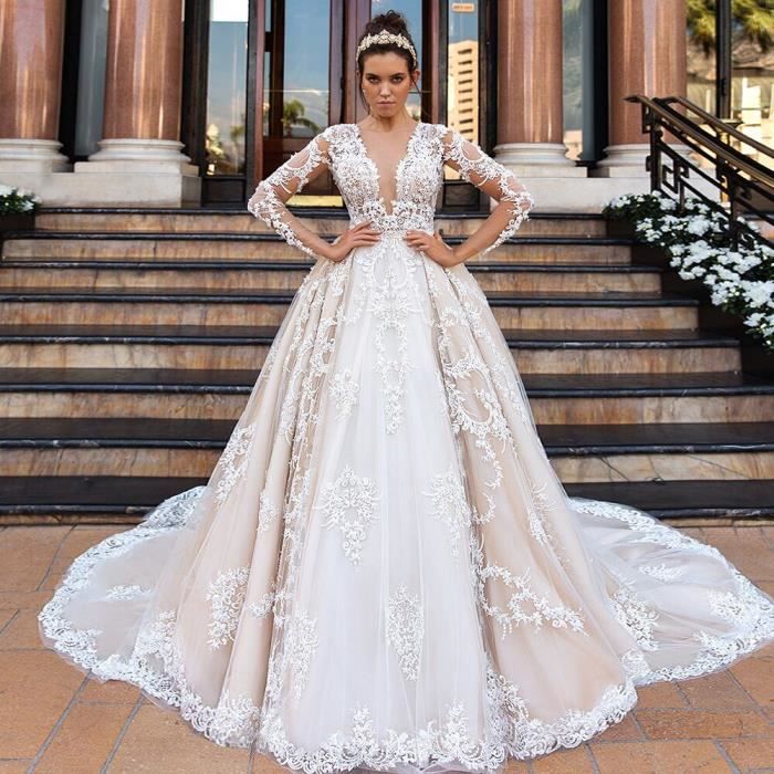Robes de mariée princesse en dentelle avec appliques et perlage, manches longues, taille plus, aliexpress login robe de mariée p