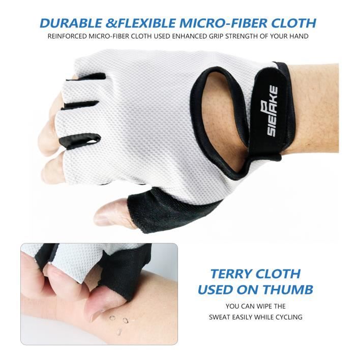 SIEPAKE Gants de cyclisme gants de vélo demi-doigt absorbant les chocs anti-dérapant respirant vtt DH pour hommes - femmes gris