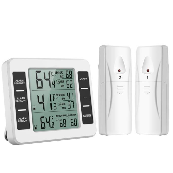 Thermomètre de Frigo Congelateur, Thermomètre de Réfrigérateur sans Fil avec 2 Capteurs, Alarme Sonore, Min/Max, Thermomètre in/Exté