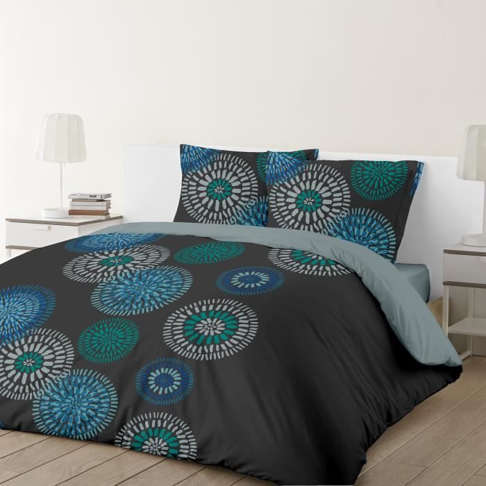 VISION Parure de couette Ines - 100% coton - 1 housse de couette 200 x 200 cm + 2 taies d'oreiller 65 x 65cm - Gris, bleu et vert