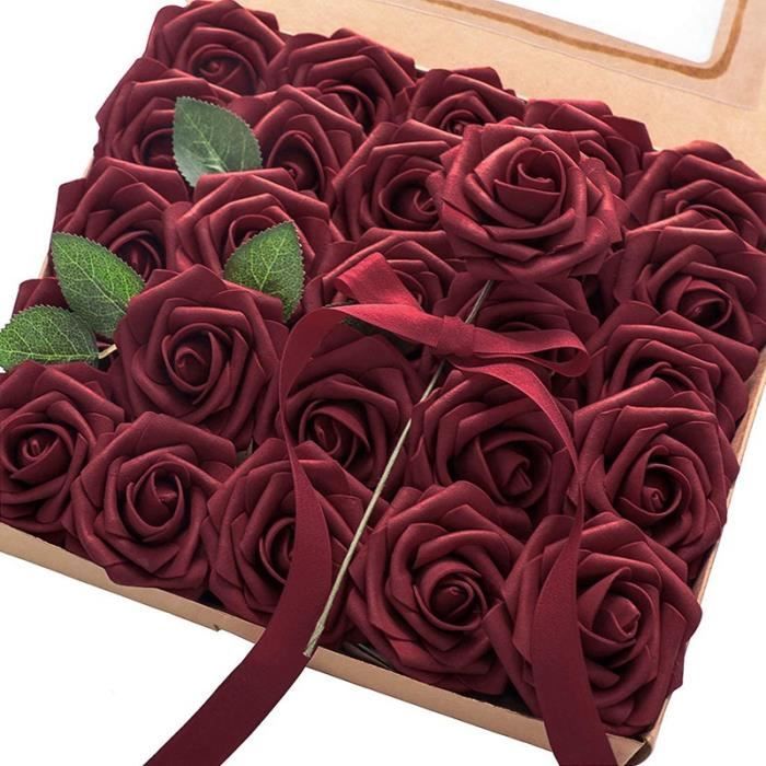 Fleurs Artificielles 25 PièCes SéRies RéEl à la Recherche de Bourgogne Faux Roses avec des Tiges pour les Bouquets de Mariage DIY