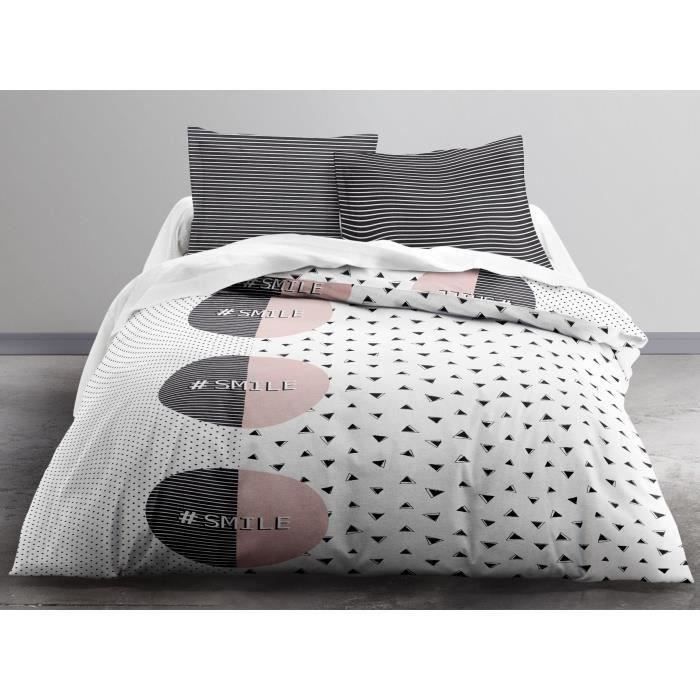 TODAY Parure de couette Enjoy POP SMILE 100% coton - 240 x 260 cm - Blanc et gris