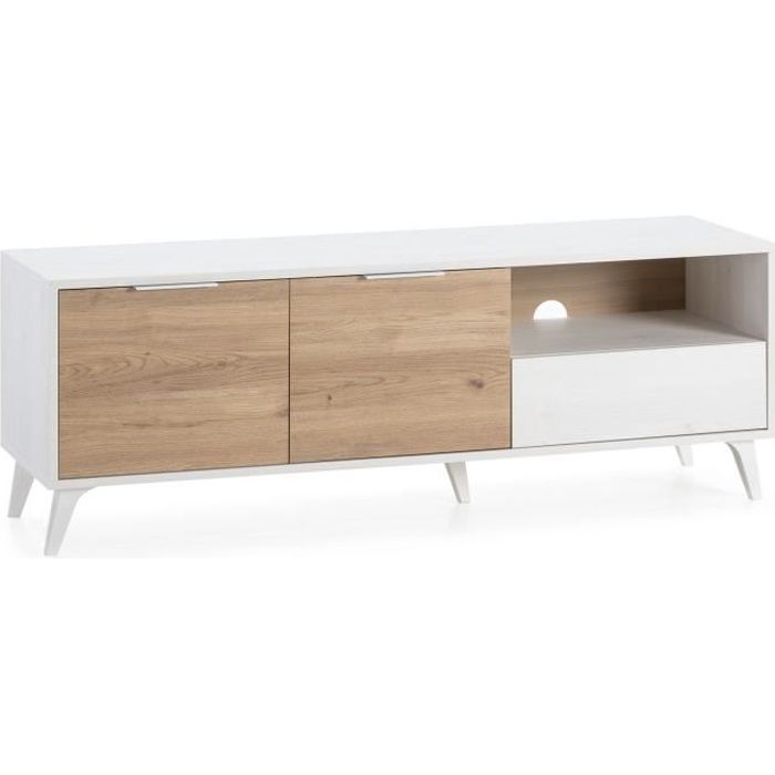 VS Venta-stock Meuble TV Koln 2 Portes et 1 tiroir,Couleur Blanc brossée et Bois 136,5 cm (Largeur) 40 cm (Profondeur) 48,5 (Hauteur