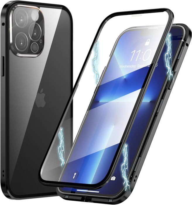 Coque Magnétique Aluminium Pour IPhone 12 à 16 Pro Max - Hybride Métal/PC - Anti-choc Et Anti-traces