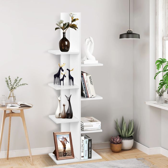 COSTWAY Etagère de Rangement en Bois Bibliothèque Autoportante à 8 Etagères Présentoir Multifonctionnel pour Livre Plantes Blanc