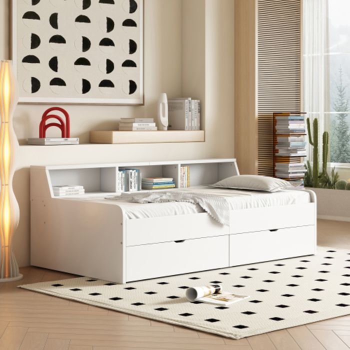 Lit avec rangement - PUGSDRLY - Lit de jour 90x200 - Pin & MDF - 2 tiroirs - Style scandinave
