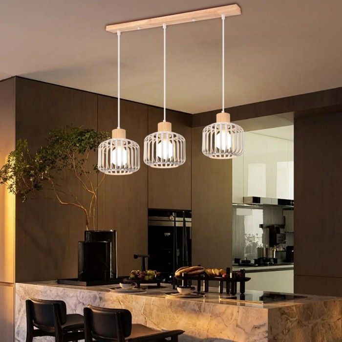 WOTTES 3 Lampes Suspension Luminaire Industrielle E27 Lustre en Bois Métal Design Cage Rétro Éclairage Vintage Blanc Barre Bois