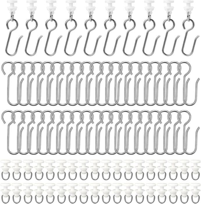 Lot 200 Accessoires Pour Rails à Rideaux : 100 Roulettes + 100 Crochets Métal - Blanc