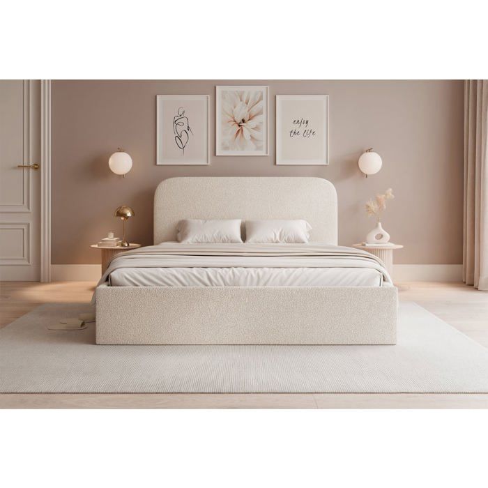 Lit coffre - SONVIVO - 160x200 cm - en tissu bouclette crème