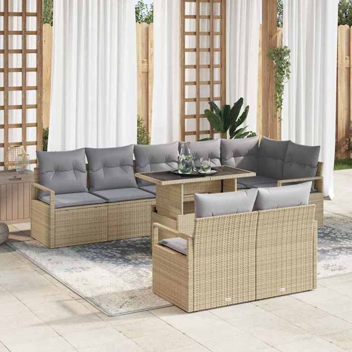 Ensemble de canapés de jardin 9 pièces avec coussins beige en rotin ...