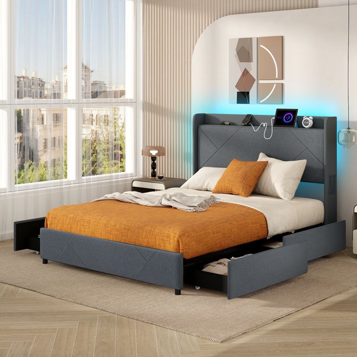 COSTWAY Lit Double avec Tête de Lit 140x200 cm, Cadre de Lit Plateforme Tapissé avec Tête de Lit à Dossier, Sommiers à Lattes en Bois, Rembourré 31 cm de Hauteur, Assemblage Facile