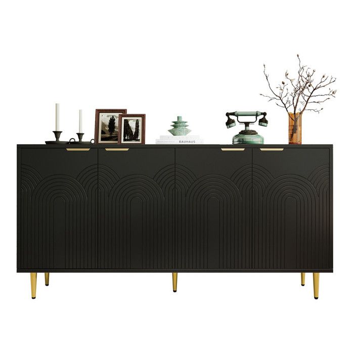 Buffet salon commode à 4 portes Poignées dorées brossées et pieds brillants Commode noir dimensions 160×80×40 cm (L×H×P)