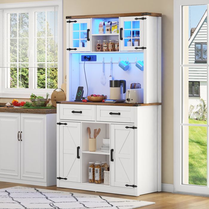 Buffet Cuisine avec éclairage LED, Meuble Cuisine Rangement avec Étagères Réglables, Armoire de