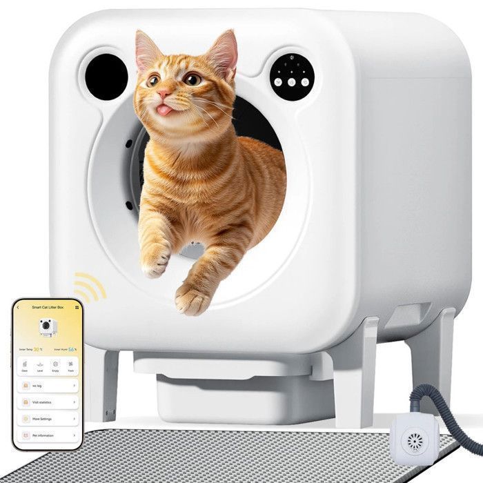 Litière Autonettoyante TailBBLitière pour chat AutomatiqueÉlimination des OdeursContrôle APPBac à Litière pour 15kg Chat-75L
