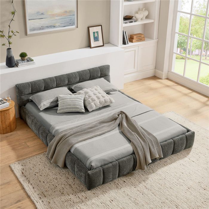 Lit Bulle 140x200 avec sommier à lattes et dossier souple lit double rembourré plat cadre de lit pour adolescent chenille gris