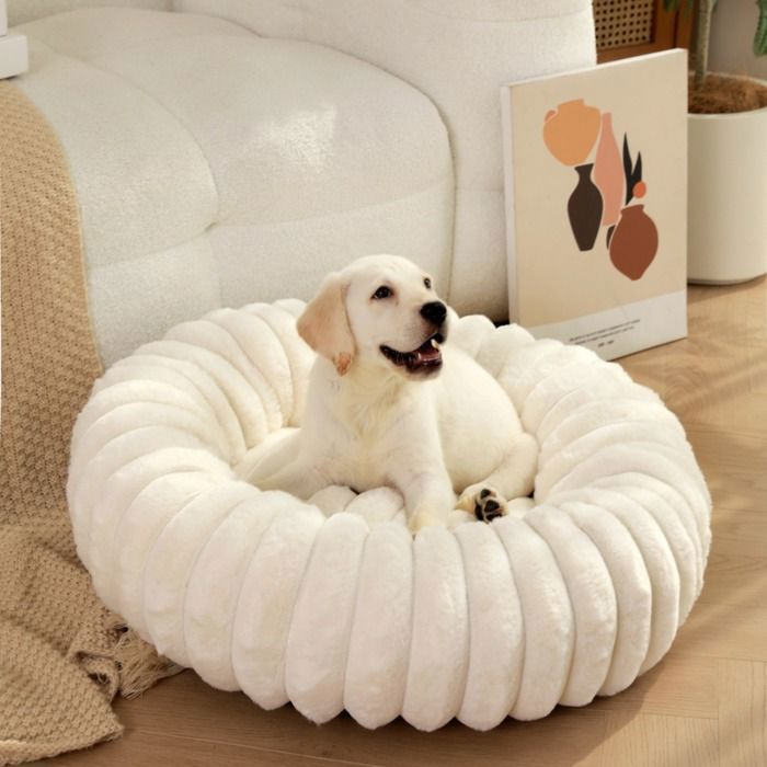 Lit Beignet pour Chat -50cm Coussin Rond Apaisant en Peluche Lavable avec Fond Antidérapant pour ChatonChiot-blanc