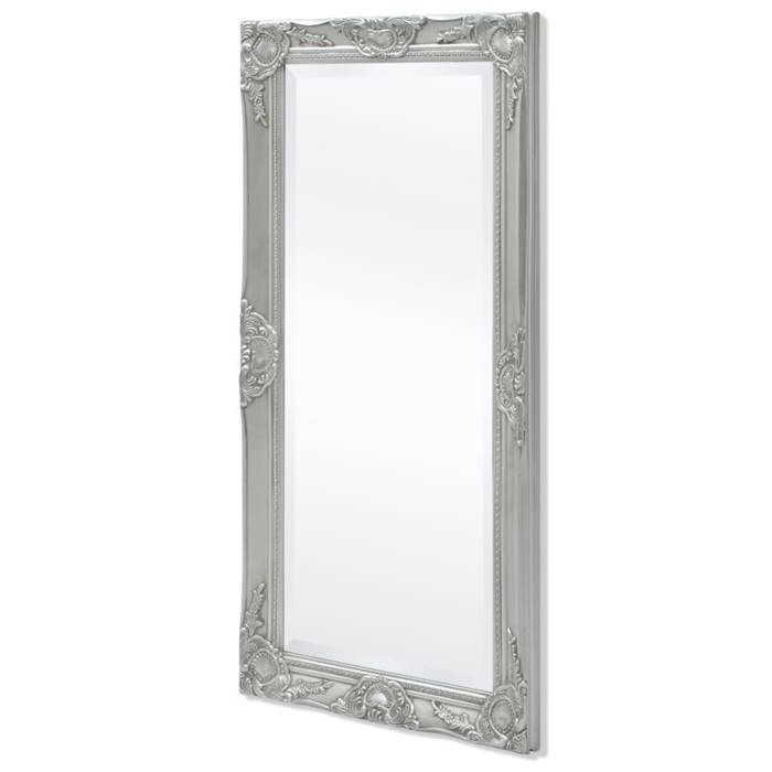 Miroir mural baroque - WIENS - 100x50 cm - Argenté - Bois et verre - Crochets de fixation - Bord biseauté