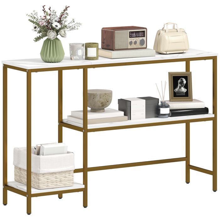 Console meuble - HOMCOM - 3 niveaux- plateaux imitation marbre - panneaux de particules et métal - 120x30x765cm - blanc et doré