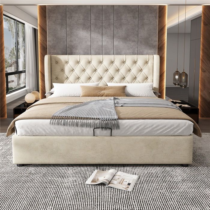 Lit Double 140x200cm Velours Oreille Beige-Hydraulique Coffre Rangement-Sommier Lattes Anti-taches sans Matelas Lit Double 140x200cm Velours Oreille Beige-Hydraulique Coffre Rangement-Sommier Lattes Anti-taches sans Matelas