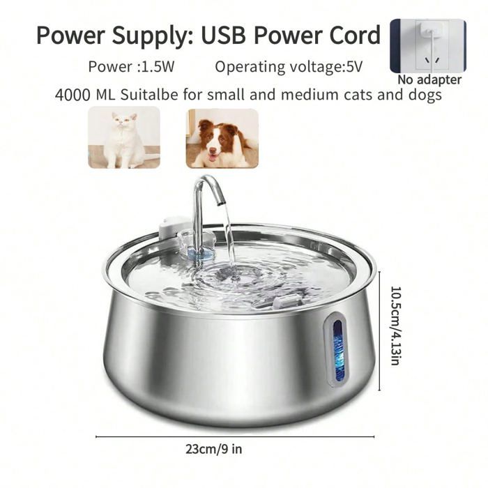 Fontaine à eau automatique pour chat - Phoesky - Acier inoxydable 304 - 134oz/4L - Ultra silencieux - Filtre à charbon
