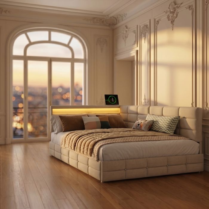 Canapé-lit Double 140x190cm 2 Tiroirs de Rangement et Lampe de Chevet LED avec Ports USB et Type-C canapé-lit 2 places Canapé-lit