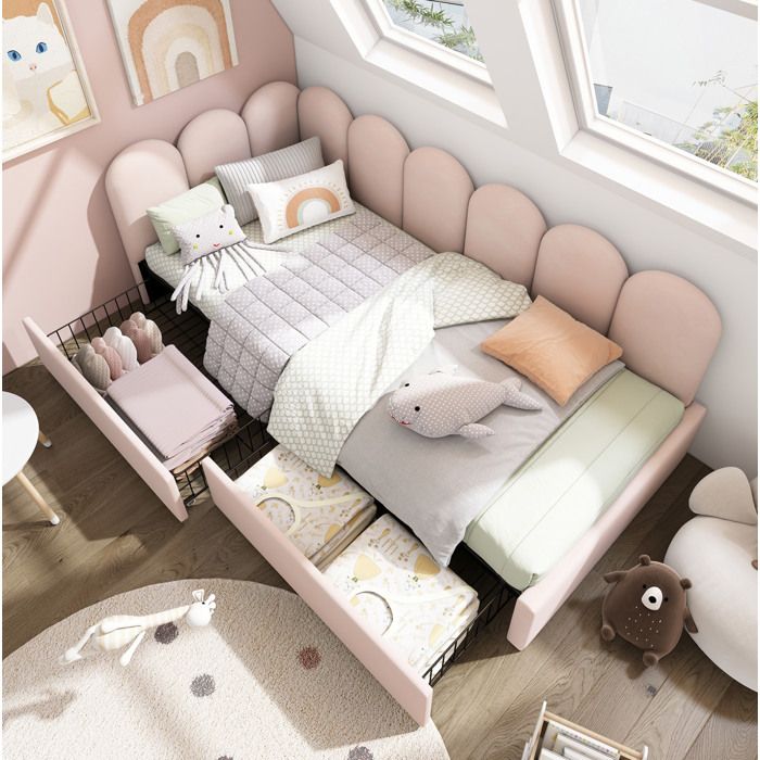 Lit simple rembourré 90×190 cm avec 2 tiroirs et sommier à lattes - BEAUNIV - sans matelas velours rose