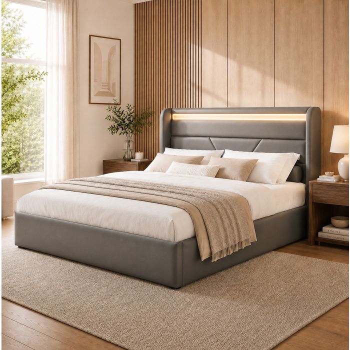 ULEVR Lit coffre 160x200 cm gris en PU avec LED intégrée tête de lit rembourrée et télécommande