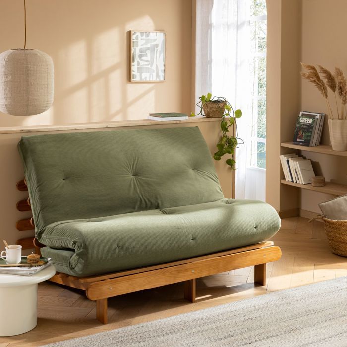 Matelas futon 140x190 mémoire de forme ferme tissu velours côtelé Kaki - Terre de Nuit