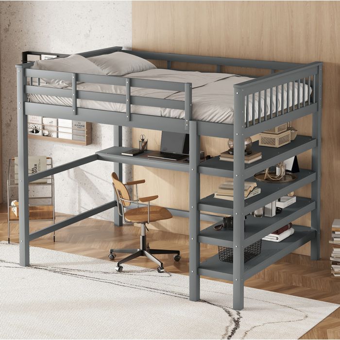 Lit mezzanine 140x200cm - bureau et 4 étagères - Sommier inclus - sans matelas - gris