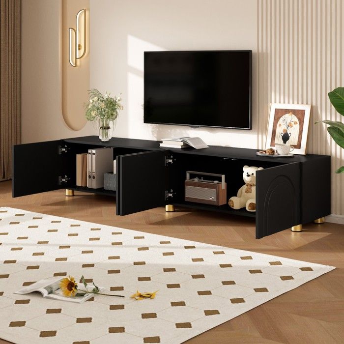 Meuble TV bas noir 180x35x40cm relief arc 4 portes pieds métal rangement design moderne salon