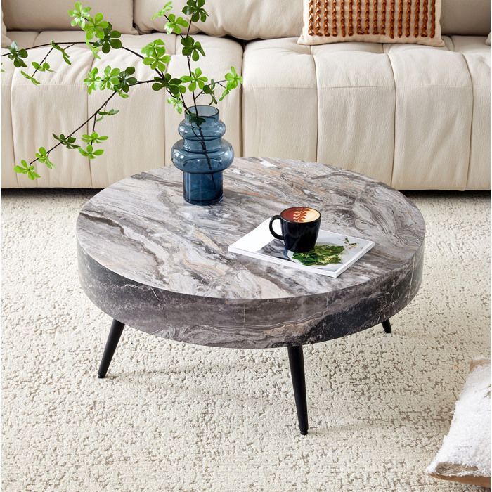 table basse ronde 70 cm aspect marbre gris MDF pieds métalliques noirs style minimaliste pour salon ORVRYN