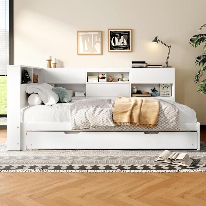 Lit banquette - KOMHTOM - 90x200 cm - Lit gigogne - Rangements tiroirs - Port USB Type-C Lit banquette - KOMHTOM - 90x200 cm - Lit gigogne - Rangements tiroirs - Port USB Type-C