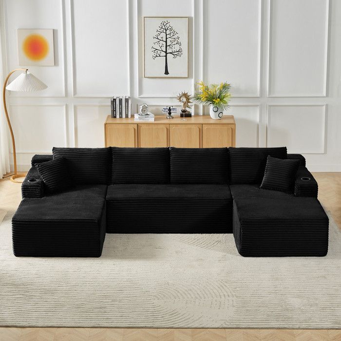 Canapé modulable en U canapé 6 places sans structure velours côtelé fauteuil de sol surdimensionné aucun assemblage requis noir