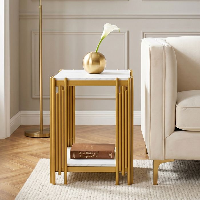 Table de chevet 2 étagères marbre blanc effet cadre métal doré pailleté 55x43x40cm chic et stable pour salon chambre entrée