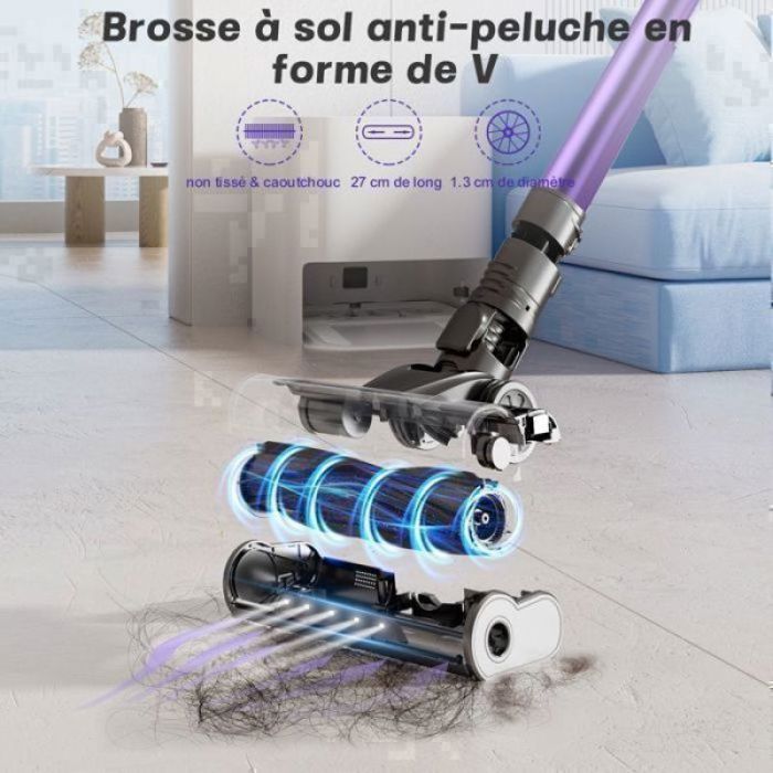 Aspirateur balai sans fil léger peu bruyant maison & voiture 8 en 1 700W/65kPa filtration 7 niveaux bac 1.6L bat ASPIRATEUR BALAI