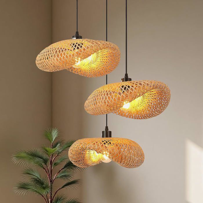 Plafonnier chapeau en bambou - suspension rotin 3 lumières E27 40 cm pour salle à manger salon et restaurant