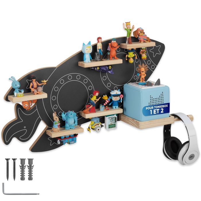 Étagère murale - TECTAKE - Étagère MYLITTLESTORY ROCKET fusée jusqu’à 40 Tonies magnétique en bois - Gris anthracite