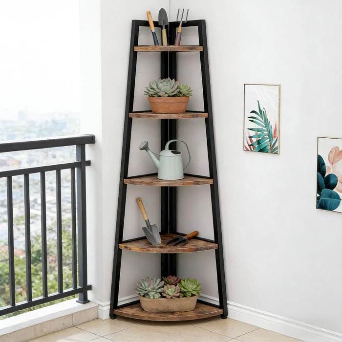 MEULVA Étagère dangle 5 niveaux bibliothèque et support pour plantes métal et bois noir
