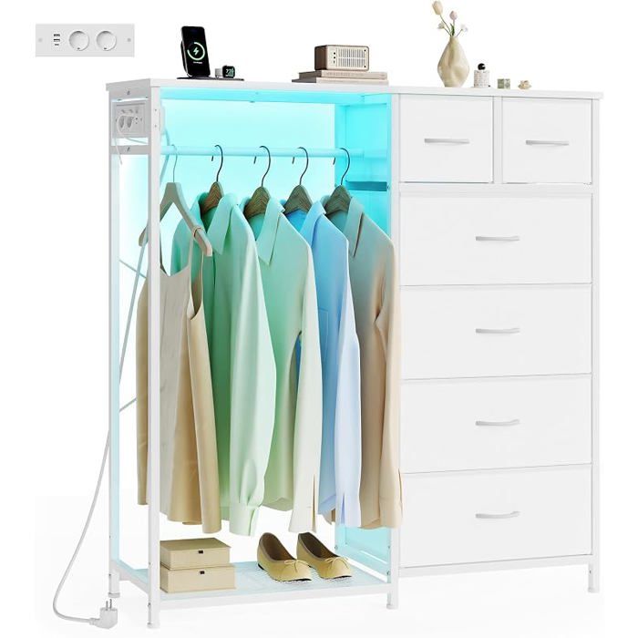 Portant à Vêtements avec 6 Tiroirs Vestiaire avec Éclairage LED et Prises Étagère à Chaussures1027 x 35 x 1176 cmBlanc Nuage