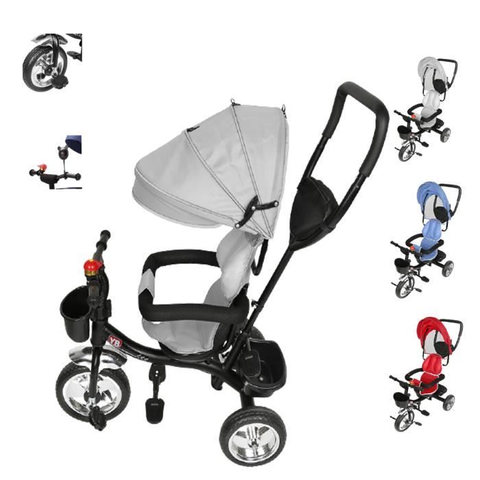 Tricycle évolutif pour bébé SHE - Gris 4 en 1 avec roues en caoutchouc silencieuses