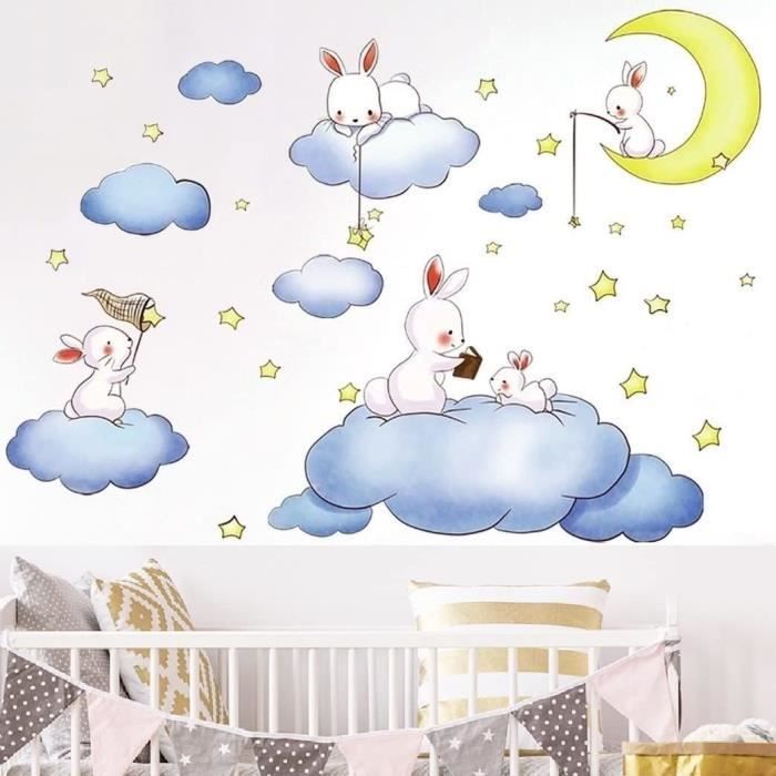 Stickers Chambre Enfant,Stickers Chambre Bébé,Sticker Mural Ours Lune Nuage  étoiles Dessin Animé - Cdiscount Maison