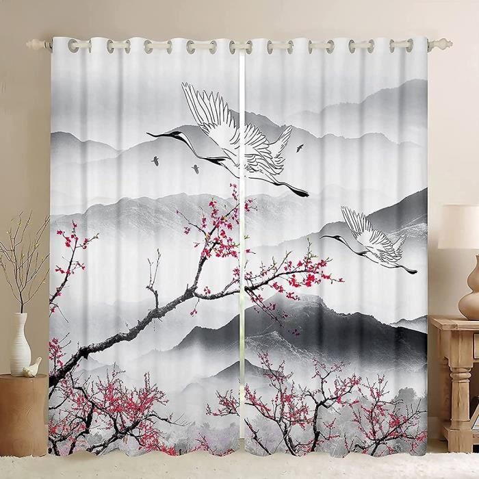 Lot De 2 Rideaux Occultants Motif Poisson Doré Japonais - 117x137 Cm Chacun, Tissu Polyester, Oeillets Métal, Occultation 90%