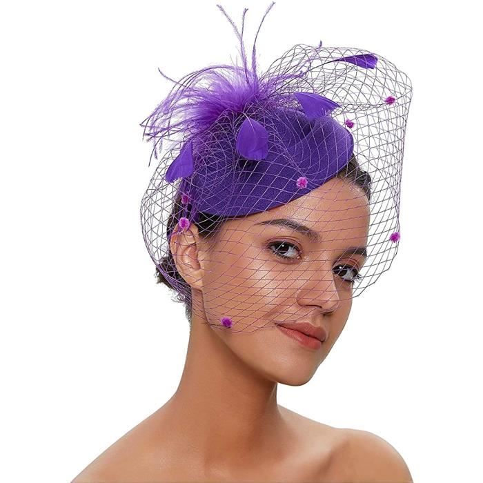 Fascinator Chapeau Plume DRESHOW - Avec Voilette - Réglable - Pour Mariage, Thé, Cocktail
