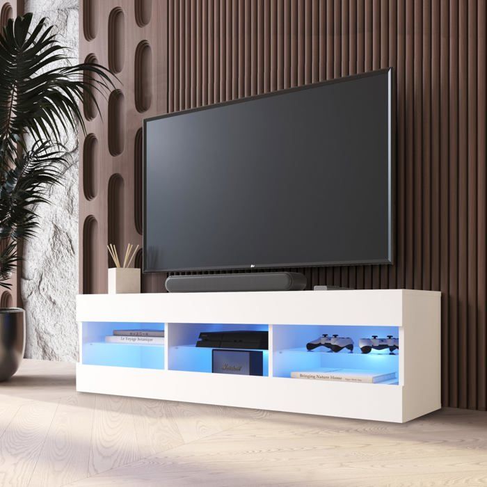 Meuble TV Tivoli RTV Komodee - LED Bleues - Blanc - Facades en Mat - 140 x 41 x 35 cm Meuble TV Tivoli RTV Komodee - LED Bleues - Blanc - Facades en Mat - 140 x 41 x 35 cm