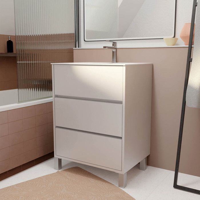 Pack Meuble Salle de Bains 60 cm Laqué Blanc 3 tiroirs avec Vasque Céramique - XENOS