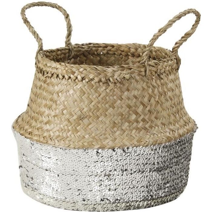 CASAME Panier Thaïlandais Jonc de mer Base Sequins - 35 x 35 x 15 cm - Argent