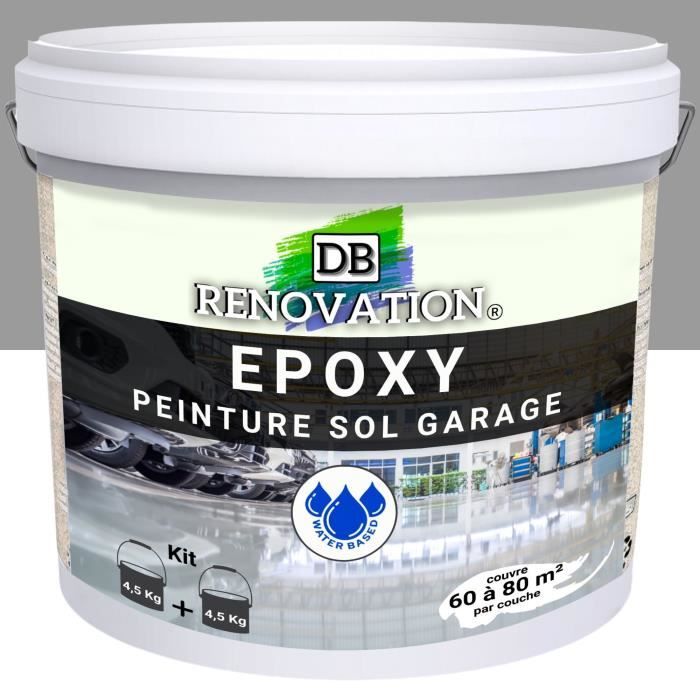 9 kg Gris - RESINE EPOXY Peinture sol Garage béton - PRET A L'EMPLOI - Trafic intense - Etanche et résistante