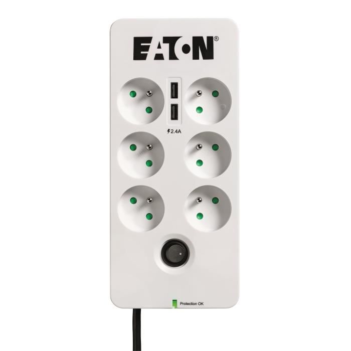 Multiprise/Parafoudre - EATON Protection Box 6 Tel@ USB FR - PB6TUF - 6 prises FR + 1 prise tel/RJ + 2 ports USB - Blanc & Noir