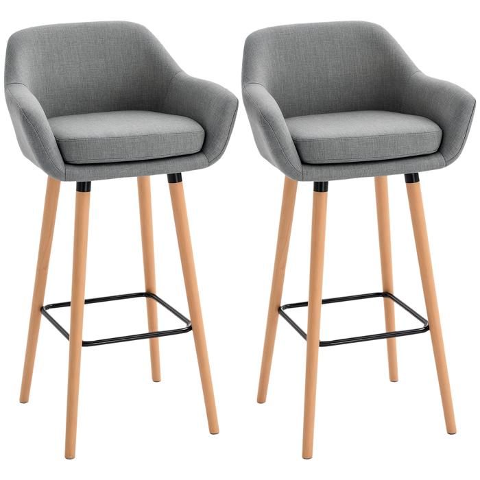 Tabourets de bar - HOMCOM - lot de 2 scandinave grand confort repose-pieds accoudoirs - bois massif - gris foncé